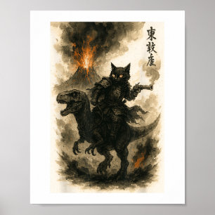 Póster Calligrafía retro Gato Dinosaurio Erupción volcáni
