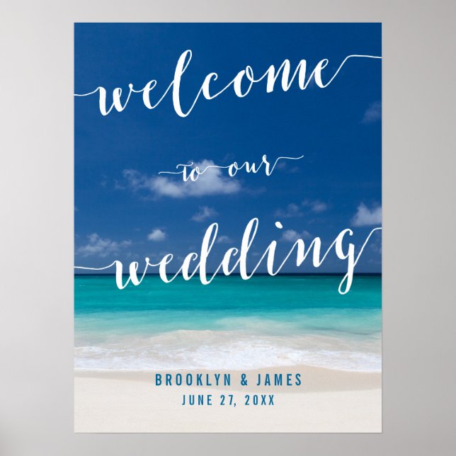 Póster Calligraphy Beach Wedding Rótulo de recepción 18x2 (Frente)