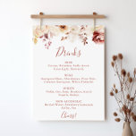 Póster Calligraphy Graceful Floral Boda Bebidas Menú<br><div class="desc">Esta caligrafía elegante de boda floral de  de bebidas es perfecta para un boda rústico. El diseño se compone de una delgada acuarela blanca,  burdeos,  rosas rosas y hojas de otoño.</div>