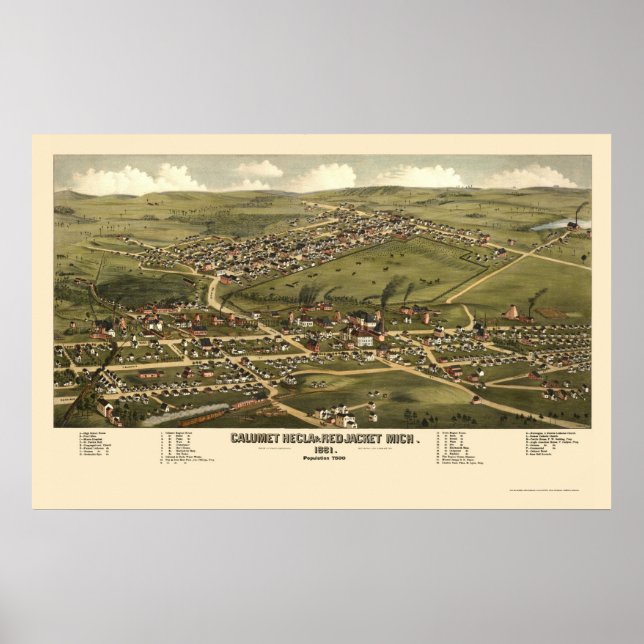 Póster Calumet and Red Jacket, MI Panoramic Map - 1881 (Frente)