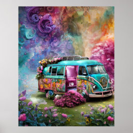 Póster Cama de Combi con flores de los años 70 Poster