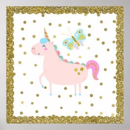Póster Cama de niña unicornio con brillo rosa y dorado