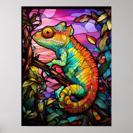 Póster Camaleón Arcoíris Vibrante Estilo Vidrio Emplomado