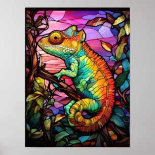 Póster Camaleón Arcoíris Vibrante Estilo Vidrio Emplomado