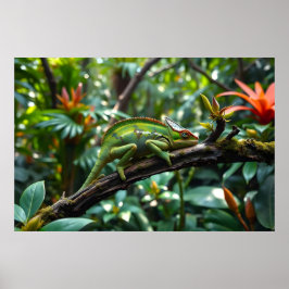 Póster Camaleón Verde Rodeado de un frondoso follaje