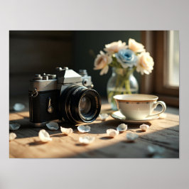 Póster Cámara Vintage y Taza de Café Estética Matutina