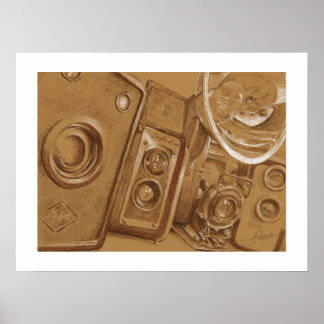 Póster Cámaras antiguas - Dibujo a lápiz en tono sepia