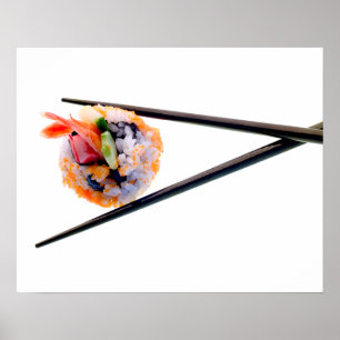 Póster Camarón de sushi arroja palillos negros sobre el J