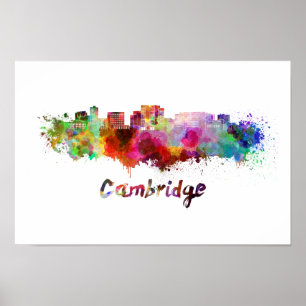 Póster Cambridge MA skyline in watercolor