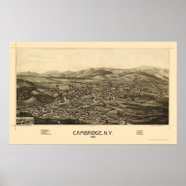 Póster Cambridge, Mapa Panorámico de Nueva York - 1886 (Frente)