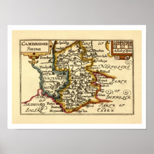 Póster Cambridgeshire Condado de Inglaterra Mapa Anticuar