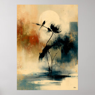 Póster Camelia Tsubaki Japonesa Sumi-E Abstracta Wal