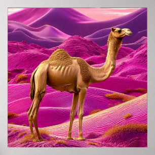 Póster Camello del desierto rosa puesta de sol soñador pa
