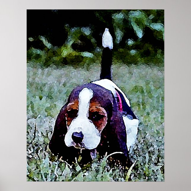 Póster Caminando de cachorro Basset - Blanco marrón negro (Frente)