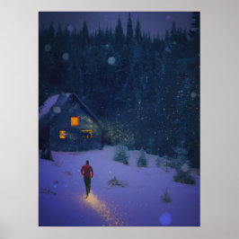 Póster Caminando hacia una cabaña en bosques de invierno