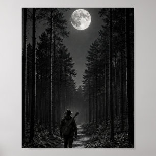 Póster Caminante del bosque de pinos iluminado por la lun
