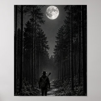 Póster Caminante del bosque de pinos iluminado por la lun