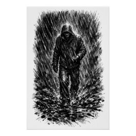 Póster Caminante en la Lluvia – Ilustración de Tinta Embr