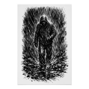 Póster Caminante en la Lluvia – Ilustración de Tinta Embr
