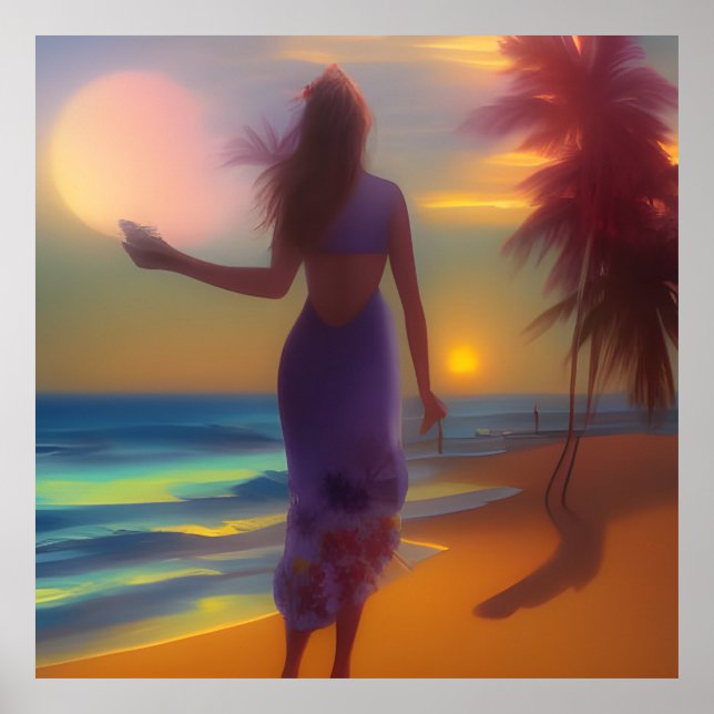 Póster Caminata de la luna de la playa mujer palmeras del (Frente)
