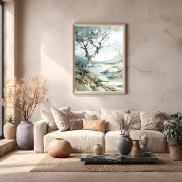 Póster Camino acantilado en invierno con árboles desnudos