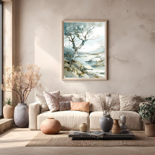 Póster Camino acantilado en invierno con árboles desnudos