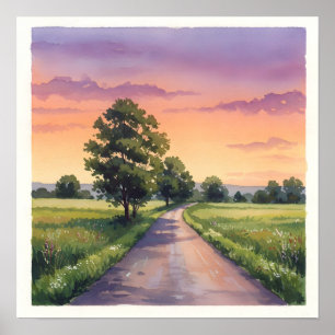 Póster Camino campestre al atardecer - Rústico campo de c