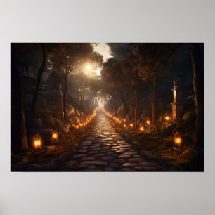 Póster Camino de adoquín de viento a través de bosques en