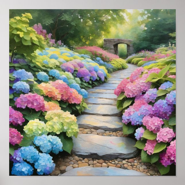 Póster Camino de Hortensias Arcoíris (Frente)