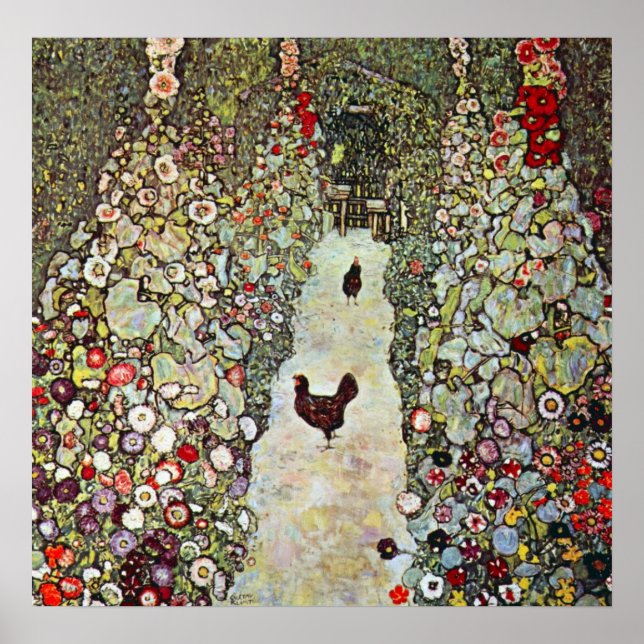 Póster Camino de jardín con pollos por Gustav Klimt (Frente)