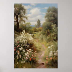 Póster Camino de jardín florecido vintage primavera, óleo