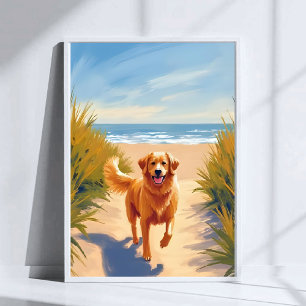 Póster Camino de la Playa del Golden Retriever   Perro de