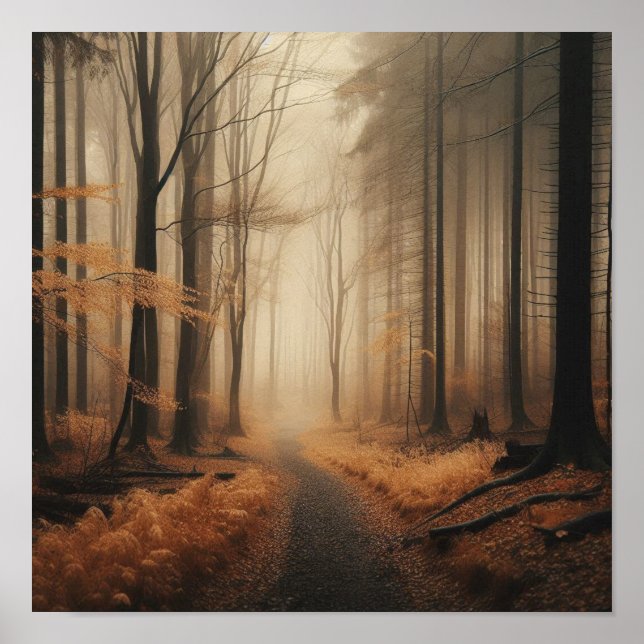 Póster Camino de niebla tranquila a través del otoño dora (Frente)