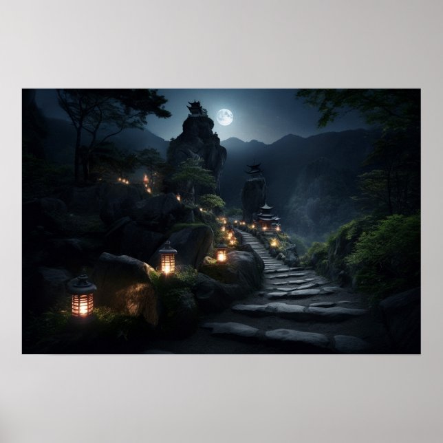 Póster Camino de piedra sinuoso a los templos de los cult (Frente)