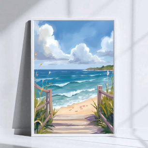 Póster Camino de Playa Acuarela Dunas Costeras Pintura de