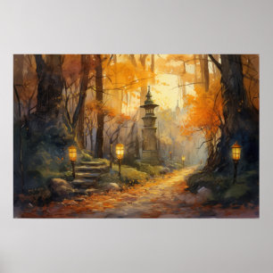 Póster Camino de serpenteo acuático a través de bosques o