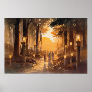 Póster Camino del peregrino acuarela a través del bosque