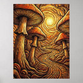 Póster Camino Oscuro del Bosque con Hongos Dorados Etéreo