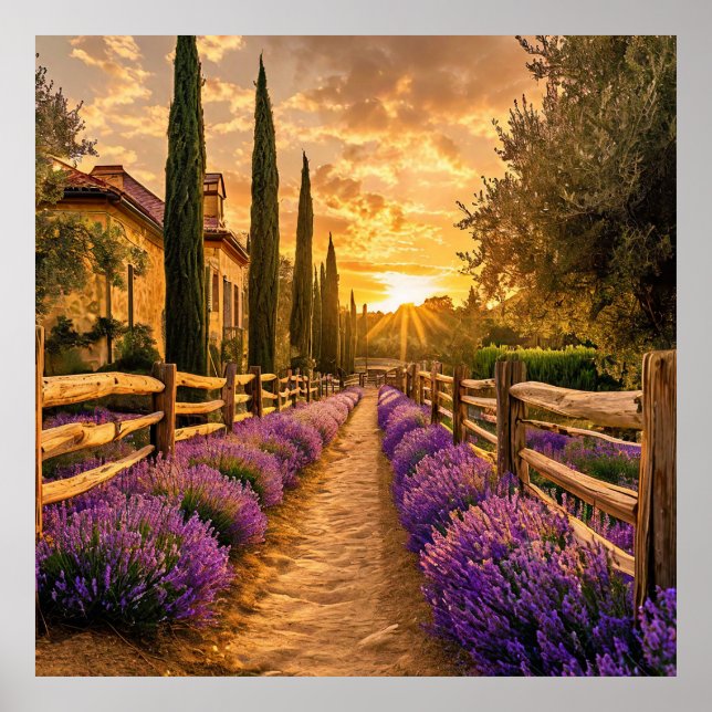 Póster Camino Rústico Lleno de Campos de Lavanda al Atard (Frente)