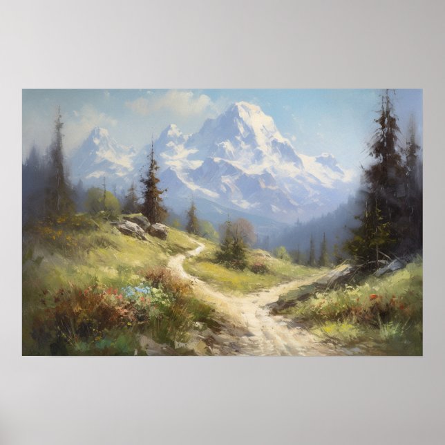 Póster Camino sinuoso de pintura al óleo de las laderas d (Frente)