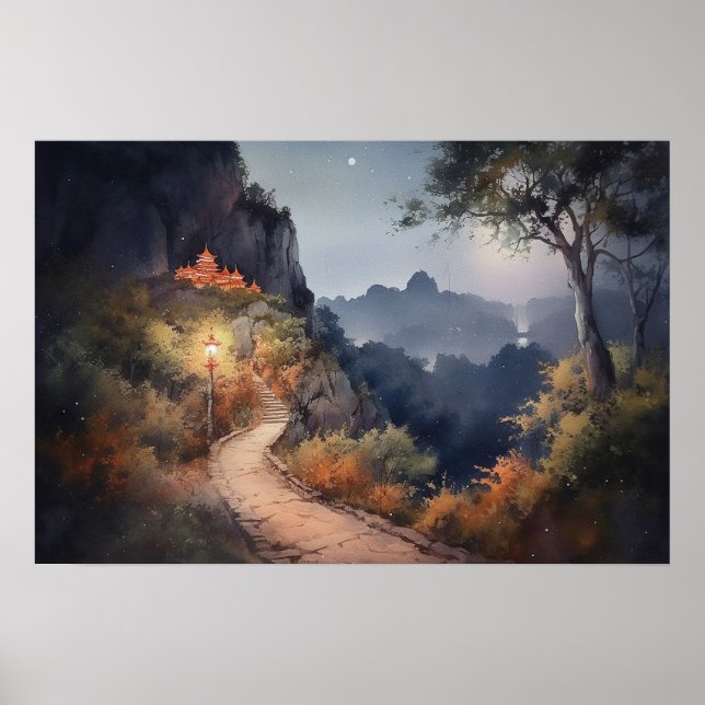 Póster Camino sinuoso hacia un refugio secreto de montaña (Frente)