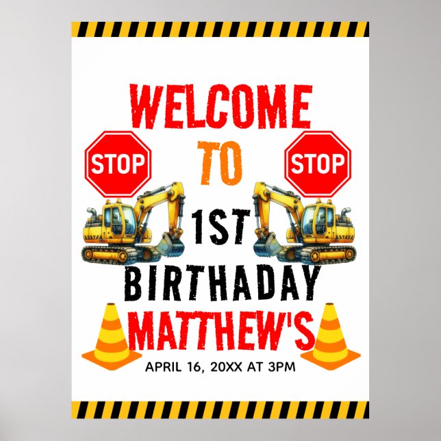 Póster Camión basurero de construcción Fiesta de cumpleañ (Frente)