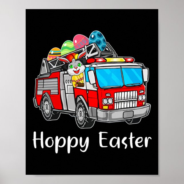 Póster Camión bombero Día de Pascua conejo huevos feliz e (Frente)
