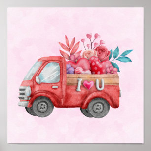 Póster Camión de amor lindo con corazones y flores
