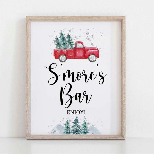 Póster Camión de árbol de navidad rojo Rótulo S'Mores Bar (S'mores Bar Party Sign, Winter Red Christmas Tree Truck Theme)