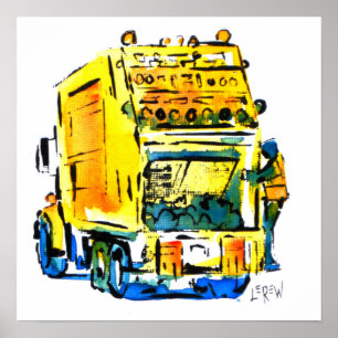 Póster Camión de basura amarillo / Artista Larry Lerew