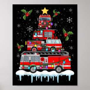 Póster Camión de bomberos árbol de Navidad enciende Santa