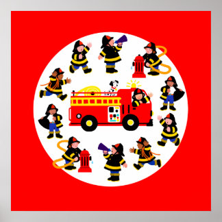 Póster Camión de bomberos con bomberos ocupados