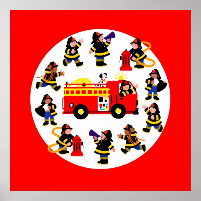 Póster Camión de bomberos con bomberos ocupados (Frente)