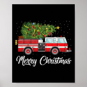 Póster Camión de bomberos navideño árbol divertido regalo